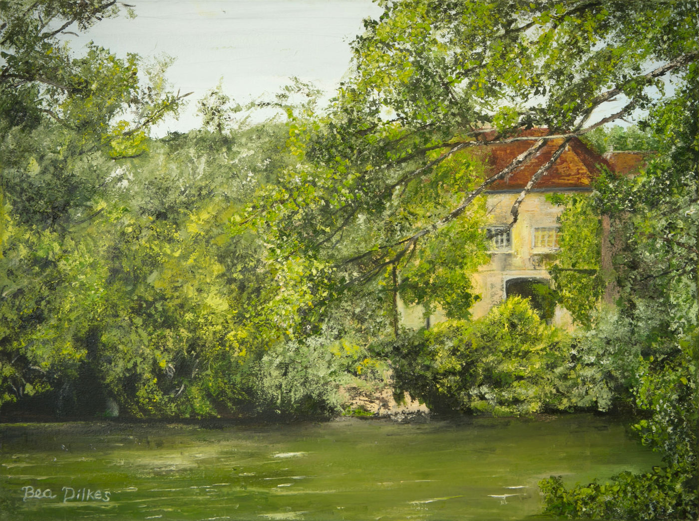 A painting by Oil painting of a house on a river by Bea Dilkes